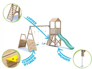 Dunster House Wooden Climbing Frame with Two Swings, Climbing Wall & Slide BalconyFort High Platform