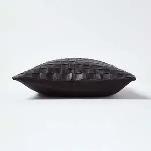 Homescapes Black Real Leather Basketweave Check Suede Cushion with Feather Filling