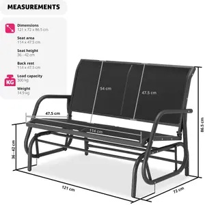 Garden Swing Bench Greta - 2-seater, 121 x 72 x 86.5 cm - black