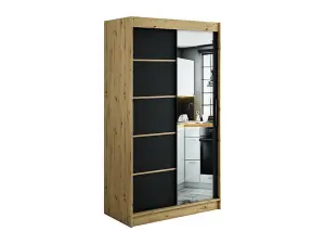 Leto V2 Contemporary 2 Sliding Mirror Door Wardrobe 5 Shelves 2 Rails Black Matt and Oak Effect (H)2000mm (W)1200mm (D)620mm