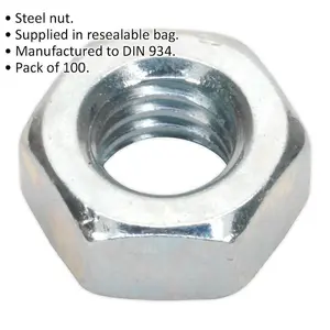 100 Pack of M6 Steel Finished Hex Nuts - 1mm Pitch - DIN 934 Compliant