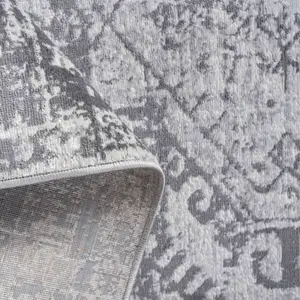 Silver Grey Bordered Geometric Distressed Area Rug 120x170cm