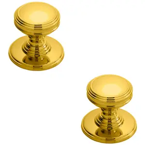 2x Ringed Tiered Cupboard Door Knob 25mm Diameter Polished Brass Cabinet Handle