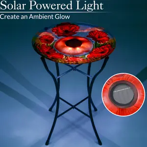 Glass Bird Bath Solar Powered LED Garden Outdoor Decoration Metal Stand Poppy Christow