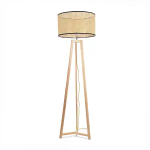 ValueLights Lottie Natural Wood Tripod Floor Lamp with Natural Woven Rattan Shade - LED Bulb Included