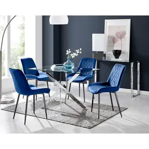 Lenworth Glass Rectangular Dining Table Set with 4 Luxury Velvet Chairs Navy/Black / Silver