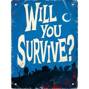 Grindstore Will You Survive Tin Horror Plaque Blue/White (20cm x 15cm)