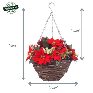 Pair of Best Artificial 28cm Red Poinsettia Christmas Hanging Basket - Suitable for Outdoor Use - Weather & Fade Resistant