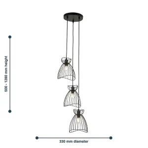 First Choice Lighting Set of 2 Diablo Black Cage Design 3 Light Ceiling Pendant Lights