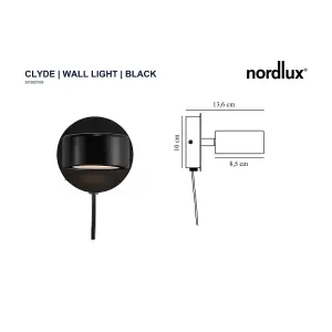 Nordlux Clyde Indoor Bedroom Office Metal Wall Light in Black (Diam) 10cm