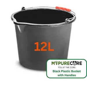 12L Black Plastic Bucket with Handles Sturdy Big Water Bucket with Measuring Scale- Ideal for for Builders Car Washes Bathroom etc