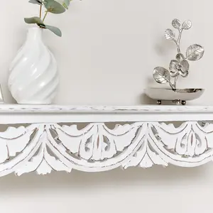 Melody Maison White Wooden Carved Boho Wall Shelf - 60cm