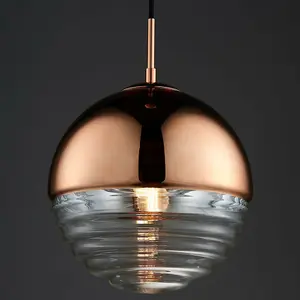 Hanging Ceiling Pendant Light COPPER & RIBBED GLASS Sphere Lamp Bulb Holder