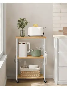 VASAGLE Kitchen Shelf On Wheels, Serving Trolley With 3 Shelves, Microwave Shelf, For Mini Oven, Toaster, With 6 Hooks