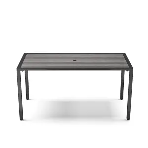 Modern Grey Rectangular Wood Effect WPC Metal Outdoor Dining Table with Umbrella Hole 150 cm