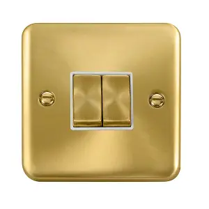 Curved Satin / Brushed Brass 10A 2 Gang 2 Way Ingot Light Switch - White Trim - SE Home