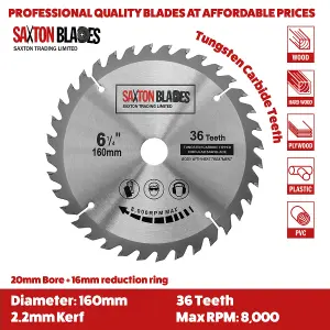 Saxton TCT160MXD TCT Circular Blade 160mm x 36, 48, 60 & 80 Teeth x 20mm Bore & 16mm Ring Pack of 4