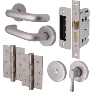 AFIT Satin Aluminium Return To Door Lever on Rose Handle Bathroom Lock Kit 76mm Hinges