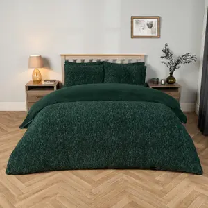 Teddy Fleece Duvet Cover Bedding Set Marl Pillowcase, Dark Green - Double