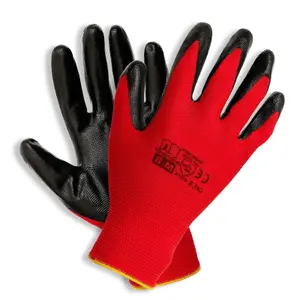 12 Pairs of Work Gloves, Heavy-Duty Nitrile Coated Protective Gloves, Secure & Anti-Slip Grip, Wear Resistant (Red, Medium)