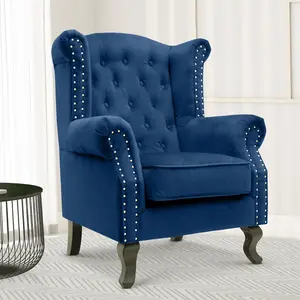 Velvet Wing Back Fireside Henley Chair Armchair with Buttons Blue