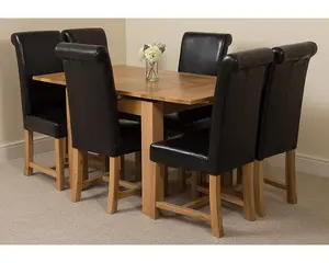 Richmond 90cm - 150cm Square Oak Extending Dining Table and 6 Chairs Dining Set with Washington Black Leather Chairs