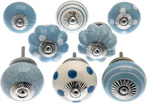 MangoTreeKnobs - Mixed Set of Blues Ceramic Cupboard Knobs x Pack 8 (MG-03)