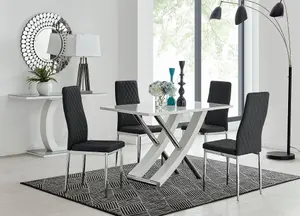 Furniturebox UK Mayfair 4 White High Gloss And Stainless Steel Dining Table And 4 Black Milan Chairs Set