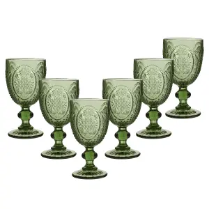 Set of 6 Vintage Luxury Green Embossed Drinking Wine Glass Wine Goblets 310ml