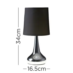 ValueLights Pair Of Silver Chrome Teardrop Touch Bed Side Table Lamps With Black Fabric Shades