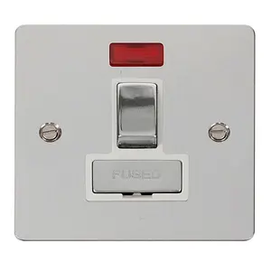 Flat Plate Polished Chrome 13A Fused Ingot Connection Unit Switched With Neon - White Trim - SE Home