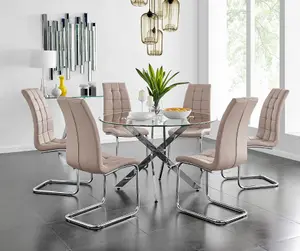 Furniturebox UK Novara Chrome Metal And Glass Large Round Dining Table And 6 Cappuccino Beige Murano Chairs Set