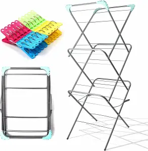 3-Tier Clothes Airer Rack with 20 Pegs & 12M Drying Space-Perfect for Indoor & Outdoor Drying