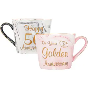 Beautiful 50th Anniversary Grey and Pink Marble Ceramic Mugs with Golden Trim