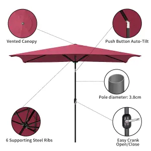 2x3M Large Garden Rectangular Parasol Outdoor Beach Umbrella Patio Sun Shade Crank Tilt No Base, Wine Red