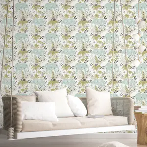 Galerie Into The Wild Metallic White Floral Elephant Wallpaper Roll