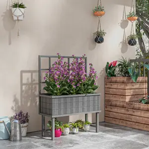 Outsunny Wood Raised Planter w/ Trellis Drain Holes Elevated Garden Bed Grey