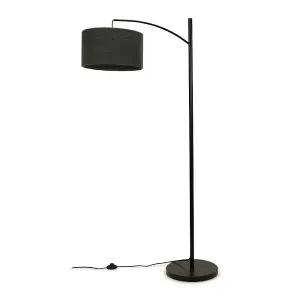 ValueLights Preto Black Metal Curve Stem Living Room Floor Lamp with a Charcoal Grey Boucle Shade - Bulb Included