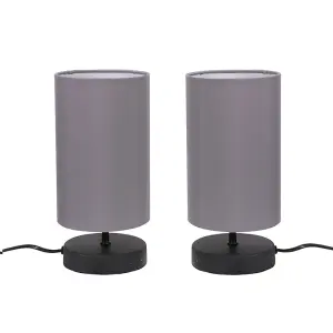 ValueLights Francis Pair - Matt Black Cylinder Touch Dimmer Table Lamp with Grey Fabric Shade Bedside Light