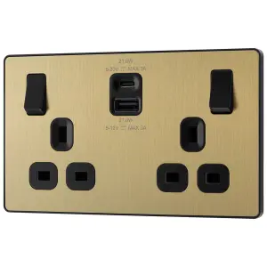 BG Satin Brass Double 13A 22W Raised slim Switched Screwless Socket with USB, x2 & Black inserts