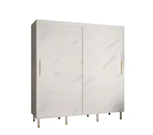 Bergen Contemporary 2 Sliding Door Wardrobe Gold Handles Marble Effect 9 Shelves 2 Rails White (H)2080mm (W)2000mm (D)620mm