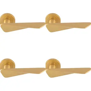 4 PACK - Premium Angle Twist Door Handle Set - Satin Brass Designer Lever on Round Rose