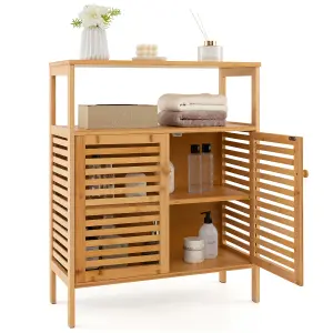 Costway Bamboo Side Storage Organizer Bathroom Floor Cabinet w/ Double Doors