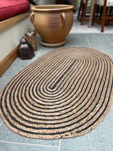 CHAKKAR DARK Stripe Oval Jute Beige Black Rug / 90 cm x 150 cm