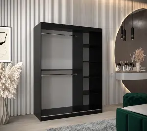 Roma II Black Modern Sliding Door Wardrobe H2000mm W1500mm D620mm with Mirrored Panels and Silver Handles