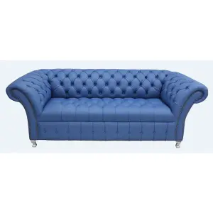 Chesterfield 3 Seater Buttoned Seat Deep Ultramarine Blue Leather Metal Feet Sofa Bespoke In Balmoral Style