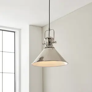 Minimalistic Light Ceiling Pendant Fitting - Polished Nickel & White Inner Shade