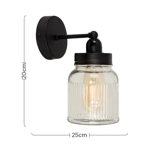 ValueLights Cambourne Industrial Satin Black Pipework Single Wall Light with Clear Glass Jar Shade