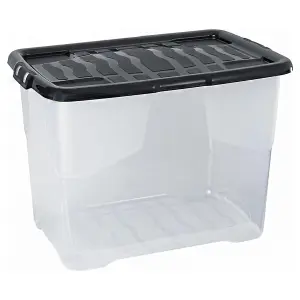 3 x Stackable & Strong Durable 80 Litre Curve Plastic Storage Boxes With Black Lids For Home & Office