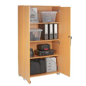 Beech Wooden 2 Door Lockable Storage Cabinet - 140 cm Tall Shoe Garage Storage, Filing Cabinet, Office Storage Cupboard 3 Shelves